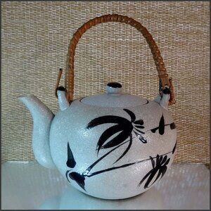 1970s Japanese Vintage Pottery Tea Pot w Bamboo Handle